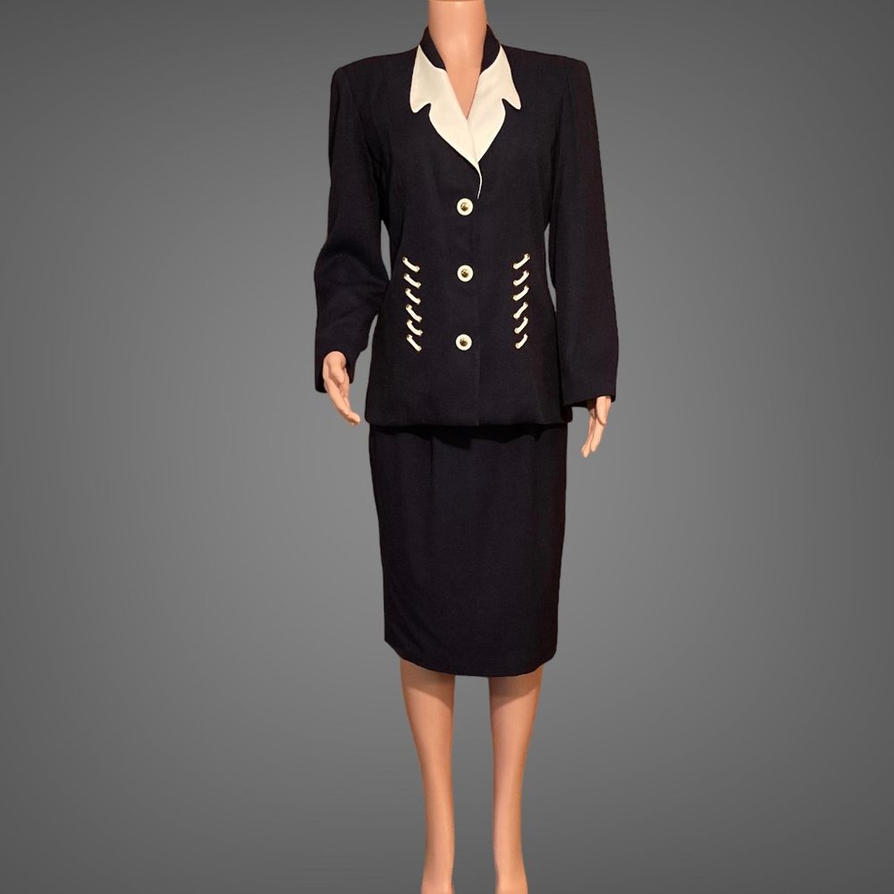 NWOT JR II Ltd. Vintage 80s Skirt Suit Set Navy Blue White Size 12